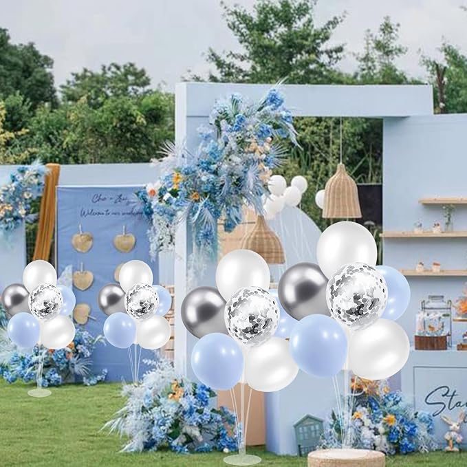 ZJDHPTY 4Set Light Blue Silver Balloon Stand Table Centerpieces Party Decor | Boy Baby Shower Decorations,Birthday Graduation Bridal Shower Baptism Corporate Retirement New Years Eve Party Supplies