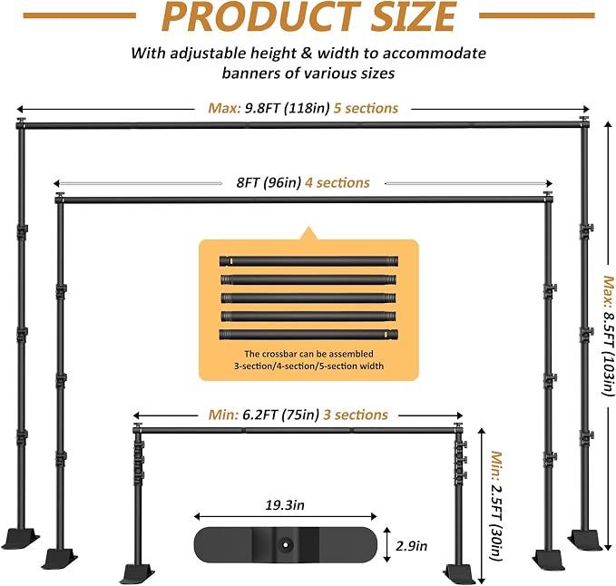 Forlogic 10x8ft Banner Backdrop Stand Kit，Heavy Duty Adjustable Photo Background Stand Step and Repeat Backgdrop Frame for Photography，Party，Trade Show