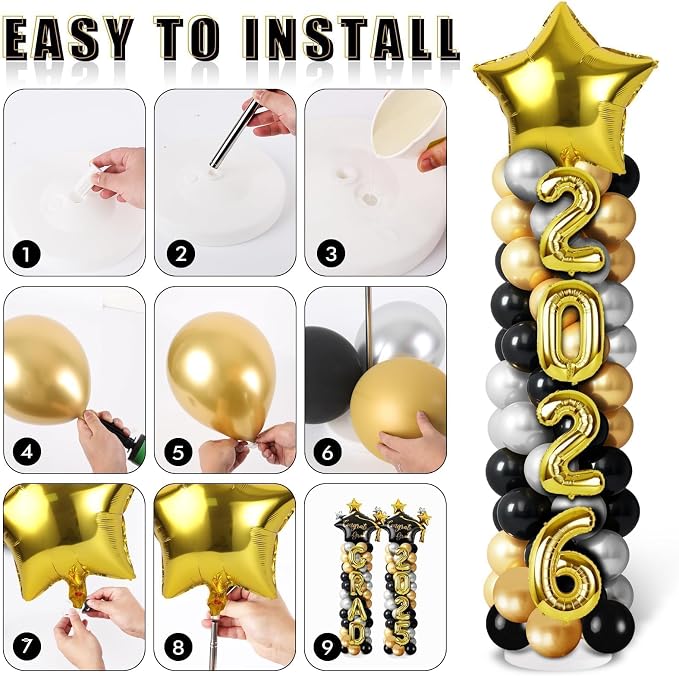 2 Sets Graduation Balloon Column Stand Kits with Balloons 2026 Grad Themed Decoration Navy Blue Balloon Tower Stand Kit for Grad High School & College Celebration Party Decor (Black Gold, 2)