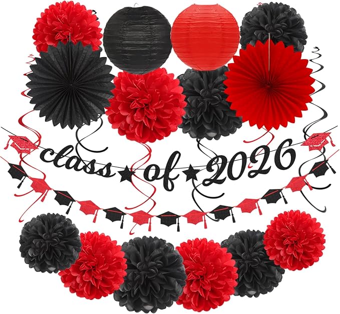 Black-Red 2026 Class-Congratulations Graduation Party-Decorations - 22pcs High School College Grad Prom Supplies Decor, Tissue Pom Poms Streamers, Paper Flowers Lanterns Hugmoon