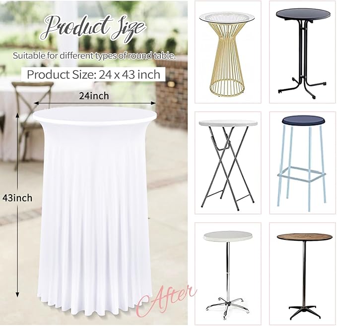 fani 10 Packs 24"x 43" Round Cocktail Table Skirt, Spandex Fitted High Top Table Skirt, Spandex Stretch Cocktail Tablecloth for Wedding Party Bar Banquet Birthday Tables(White)