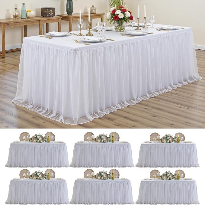 6-Pack White Tulle Tablecloth for 6 Ft Rectangle Tables – Elastic Spandex Table Cover with Tutu Skirt, Wrinkle Free for Wedding, Birthday Party, Banquet Buffet, Craft fairs