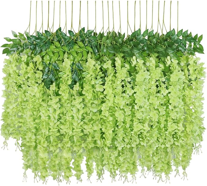 Pauwer Wisteria Hanging Flowers 12 Pack Fake Flower Garland Artificial Wisteria Vines Rattan Silk Flower String Wedding Party Wall Decorations,Green