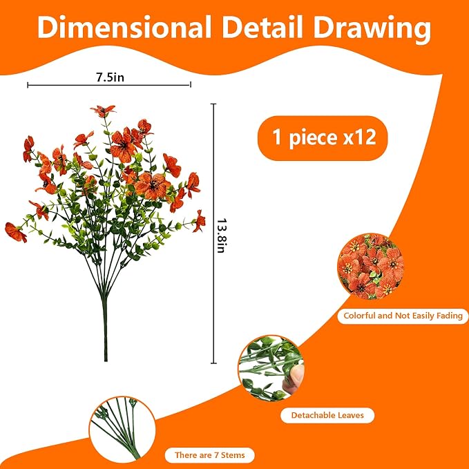 12 Bundles Artificial Flowers for Spring Summer Outdoor Decoration Fake Flowers uv Resistant Artificial Outside Flowers Faux Greenery for Porch Garden Home Patio Valentine's Day Decor (Orange)