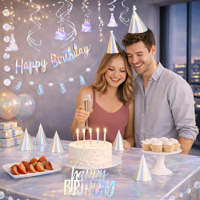 HonuGoGo 28-Piece Iridescent Birthday Party Decoration Kit – Happy Birthday Banner, Hanging Swirls, Garlands, Table Centerpiece, Tablecloth & Cone Hats for a Shimmering, Photo-Ready Celebration