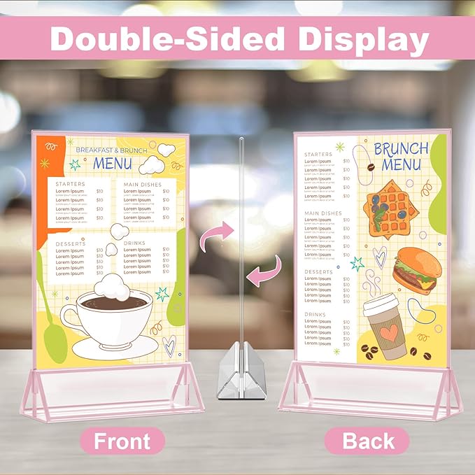 EHWINE 12 Pack Acrylic Sign Holder 4 x 6, Double-Sided Stand up Table Top Sign Holders, Pink Acrylic Picture Frame Menu Flyer Paper Holder Display Stand for Office Business Store Wedding Party