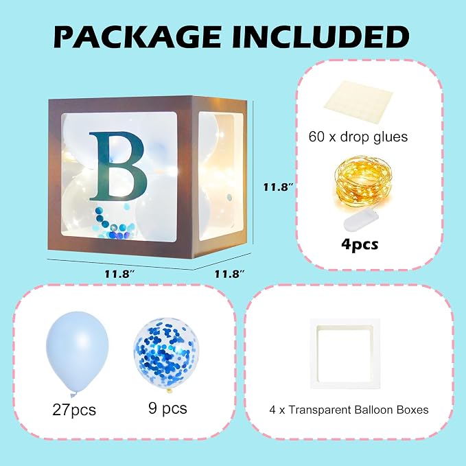 Uptotop Baby Shower Decorations Clear Balloon Blocks with Fairy String Lights, 4 Pack Transparent Balloon Boxes Including 30 Letters, 4 Warm White Fairy Lights & 36 Latex Balloons, Blue
