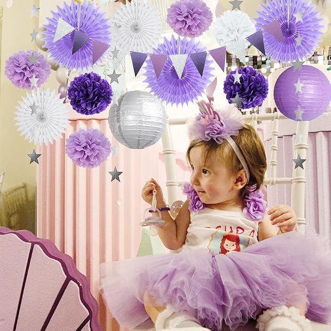 Purple White and Silver Party Decorations Lanterns Fans Poms Light Purple and Silver Party Decorations for Graduation Baby Shower Bridal Shower Wedding Birthday Purple Silver White Party Decorations