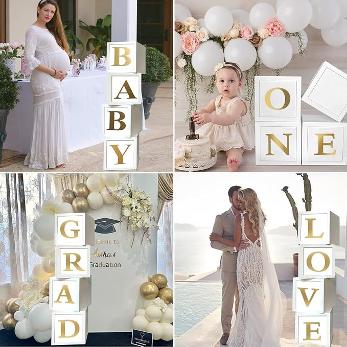 Baby Shower Boxes Party Decorations - 4pcs Stereoscopic White Gold Boxes with Gold Baby+A-Z Letters,Babe Balloon Party Box Blocks for Teddy Bear BabyShower,Boy Girl 1st Birthday Parties Backdrop
