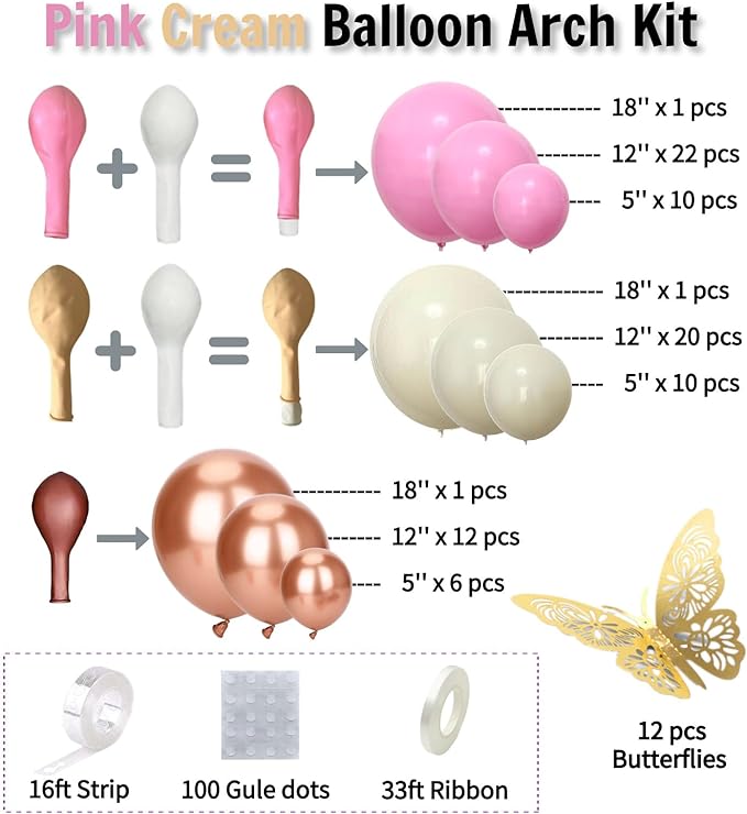Pink Ivory Rose Gold Balloon Arch Kit – Double Stuffed Light Pink Cream White Balloons with Gold Butterflies for Baby Shower, Bridal, Birthday, Princess, Engagement, Garden Party Decorations