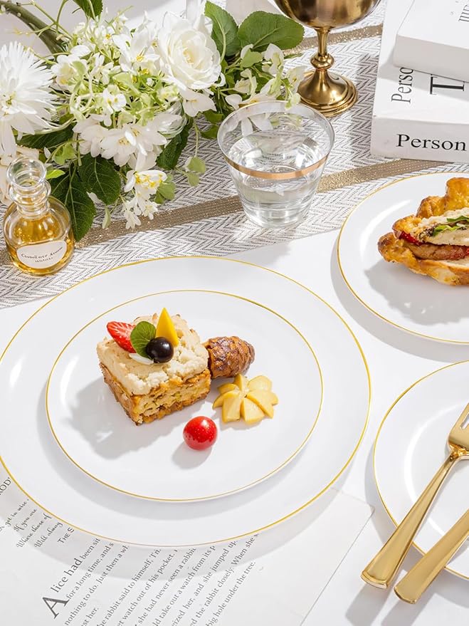 WDF 150Pcs White and Gold Plastic Plates - Gold Plates Disposable - 25 Guest Disposable Dinnerware Include 25 Dinner Plate, 25 Dessert Plate, 25 Cutlery & 25 9oz Cups for Wedding/Spring/Mothers Day