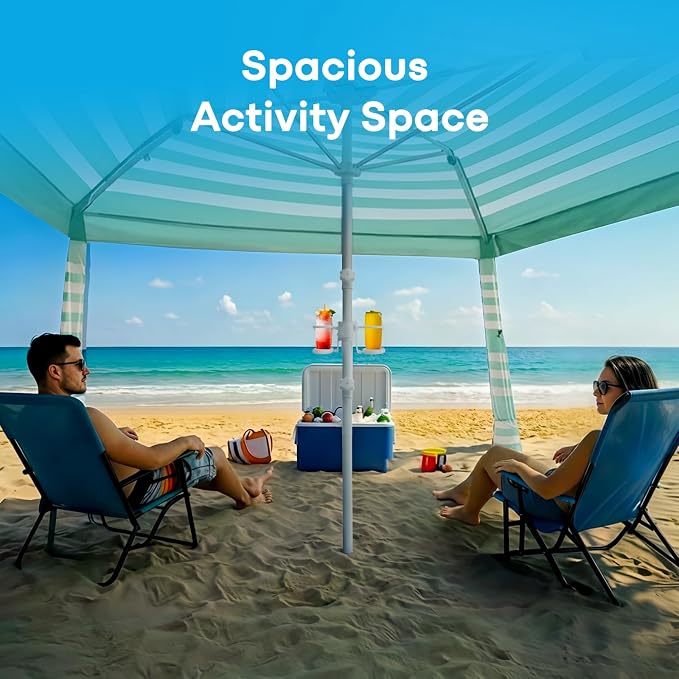 Gorich Beach Cabana with UPF50+ UV Protection, 8x8 FT/10x10 FT Beach Canopy Tent with Side Wall, Easy Setup, Windproof Portable Sun Shelter Shade for Family