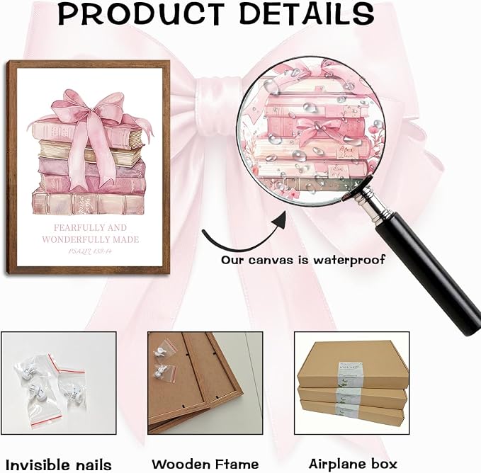 Pink Bow And Book Canvas Wall Art Set of 3, Coquette Trendy Preppy Cute Girl Posters Prints Wall Decor, Book Lovers Gifts for Girls Room College Apartment Living Room Bedroom 16x12In Wood Framed