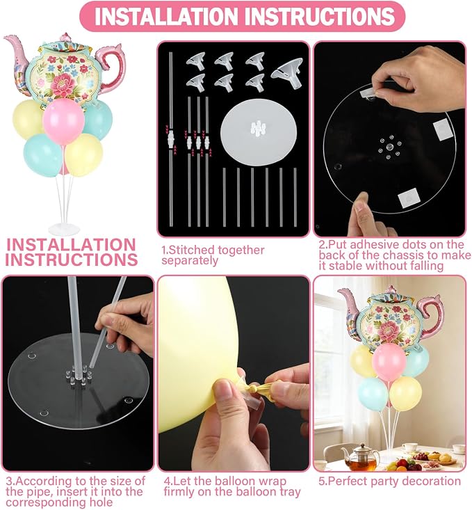 Tea Party Balloons Stand Kit 2 Sets with 2 Huge Teapot Foil Balloons Tea Garden Themed Balloon Centerpiece for Tables for Picnic Birthday Party Supplies Baby Shower Teapots Themed Decorations