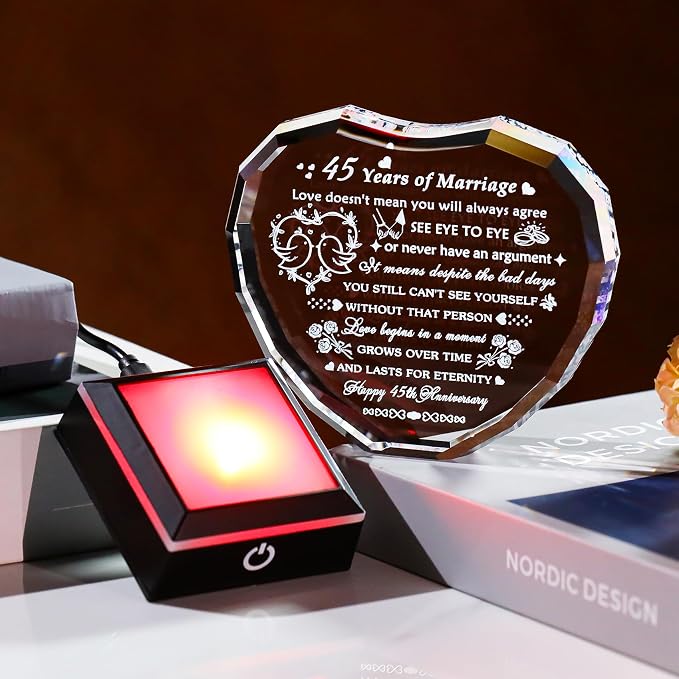 Arikyrist 45th Wedding Anniversary Crystal Heart Gifts for Couple, Laser Engraved 45 Year Anniversary Crystal Gifts for Wife Husband Parents, Romantic 45 Years of Marriage Gift for Him Her Friends