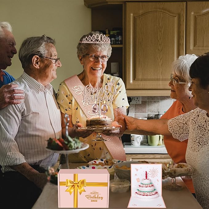 90th Birthday Decorations for Women, Include 90th Birthday Sash and Tiara, Cake Topper and Candles, Number Balloons, 3D Pop Up Greeting Card, 90 Year Old Gifts Women