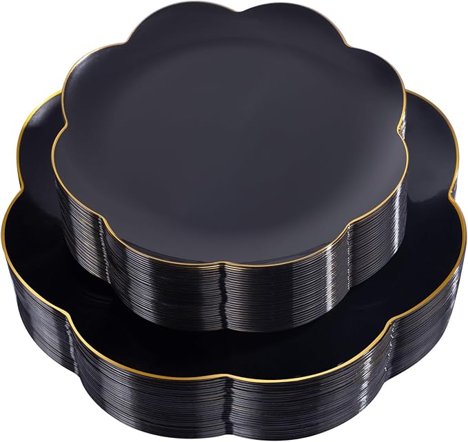 60pcs Black Disposable Plates with Gold Rim Heavy Duty Scalloped Plastic Birthday Plates Wedding Disposable Dinnerware Includes: 30 Dinner and 30 Dessert Plate,Perfect for Party Ceremony and Camping