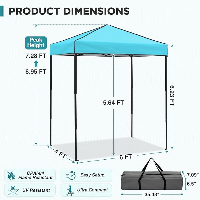 EAGLE PEAK 6x4 Instant Pop Up Canopy Tent, Straight Leg Sun Shelter, Portable Canopy with Carry Bag for Camping, Beach & Sports, Light Blue