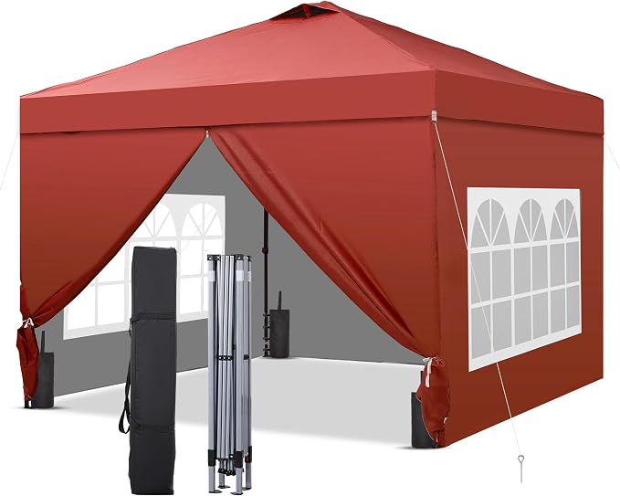 GDY 10x10 Pop Up Canopy Tent with 4 Sidewalls, Easy Set up, Outdoor Silver Coated Beach Gazebos, Carpas with 4 Sandbags, for Pool, Events, Parties, and Camping, Red.