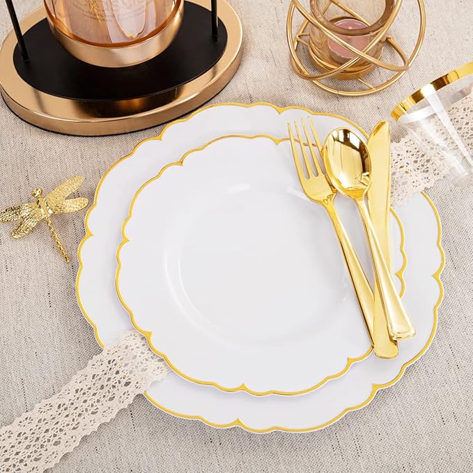 Morejoy 175PCS Gold Plastic Plates，White Gold Disposable Plates with Pre Rolled Napkins:25 Dinner Plates,25 Dessert Plates,25 Spoons,25 Forks,25Knives,25Cups,25Napkins for Party & Mother's Day