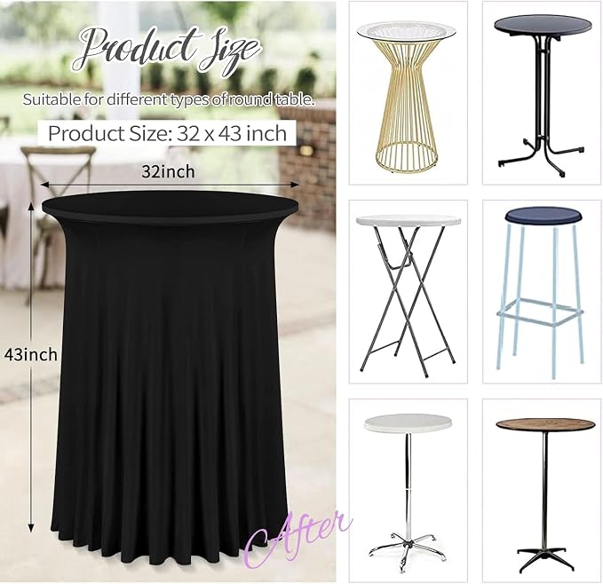 fani 6 Packs 32"x 43" Round Cocktail Table Skirt, Spandex Fitted High Top Table Skirt, Spandex Stretch Cocktail Tablecloth for Wedding Party Bar Banquet Birthday Tables(Black)