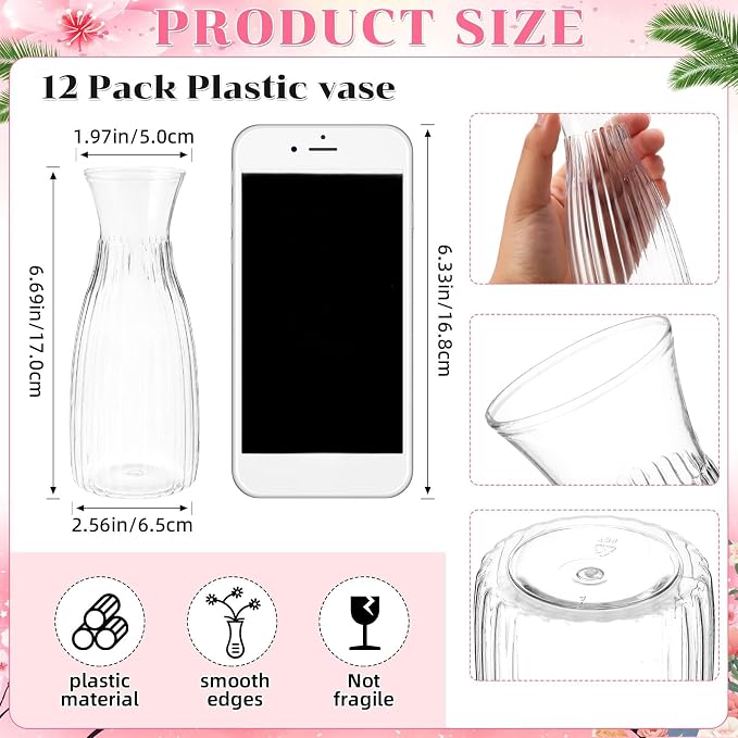 Zeyune 36 Pack Artificial Flowers Centerpiece with Vase Bulk for Wedding Table 24 Bundles Silk Floral Faux Rose Bouquet with 12 Plastic Vase for Bridal Shower Table Decor(Light Pink)