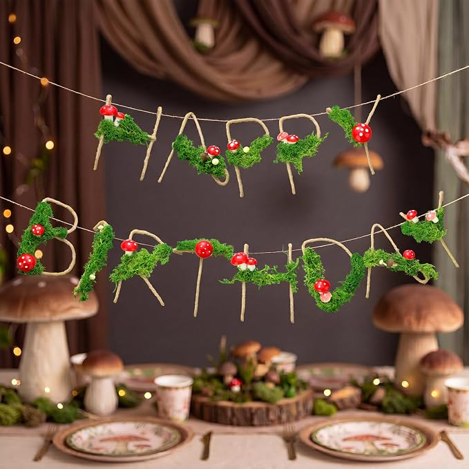 Norme Moss Birthday Party Decorations Banner Mushroom Birthday Decorations Metal 3D Plant Moss Theme Fairy First Birth Decor Sign Garland for 16 21st 30th 40th 50th 60th 70th