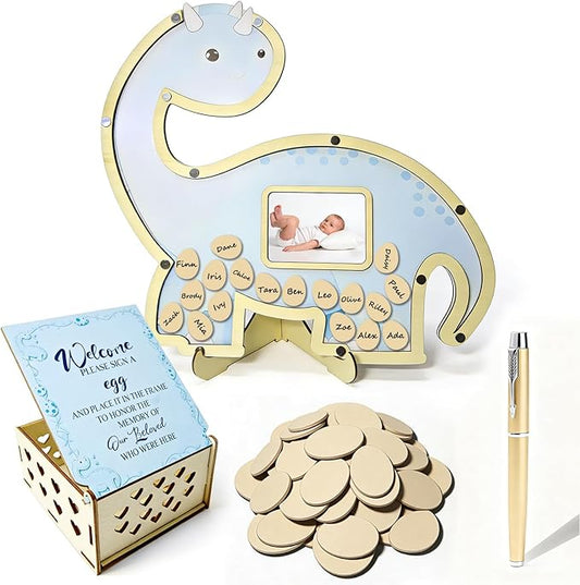 Dinosaur Baby Shower Guest Book Set Blue Baby Shower Decorations with Photo Frame Sonogram Keepsake Wooden Guestbook Alternatives with Dinosaur Eggs Wooden Slices for Birthday Reception