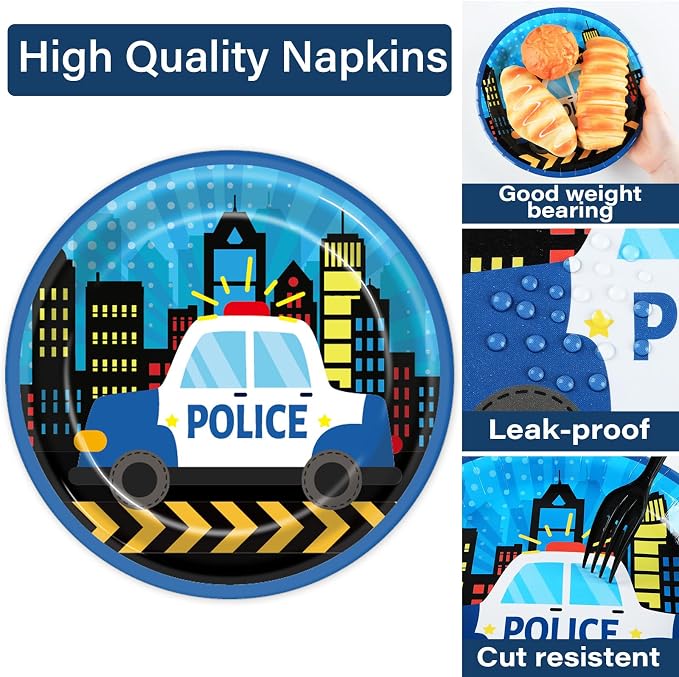 Qyeahkj 50 Guests Police Plates and Napkins Party Supplies Police Car Party Decorations Disposable Tableware Set Police Officer Paper Dinnerware Favor for Boys Kids, 200PCS