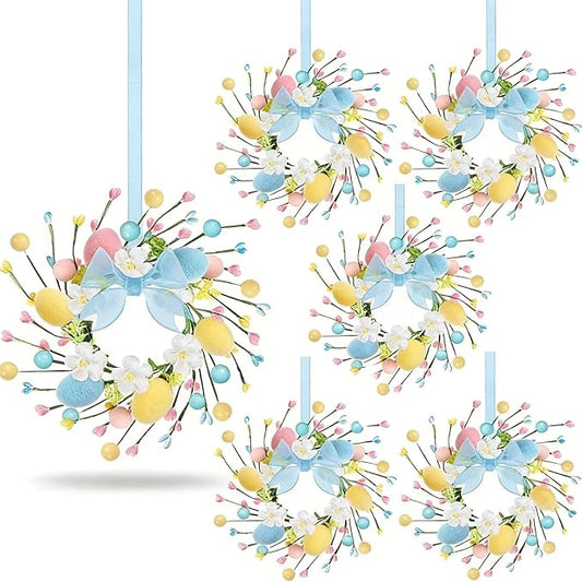 6 PCS Small Easter Wreaths for Kitchen Cabinet Mini Artificial Easter Colorful Egg Wreath for Front Door Spring Summer Hanging Wreath with Ribbon Flower Berry for Porch Window Wall Farmhouse Decor