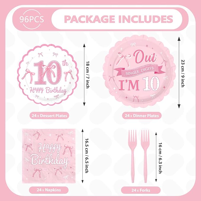 96Pcs Pink Bow Party Supplies Coquette 10th Birthday Party Plates and Napkins Disposable Bow Themed Tableware Set for Girl Happy 10th Birthday Baby Shower Decorations, Serves 24