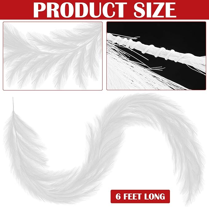 2025 2 Pcs 6 ft Christmas Tree Garland Decoration Pampas Grass Garland Faux Artificial Fabric Feathers Boho for Mantle Xmas Tree Home Farmhouse Christmas Holiday Party Supplies(White)