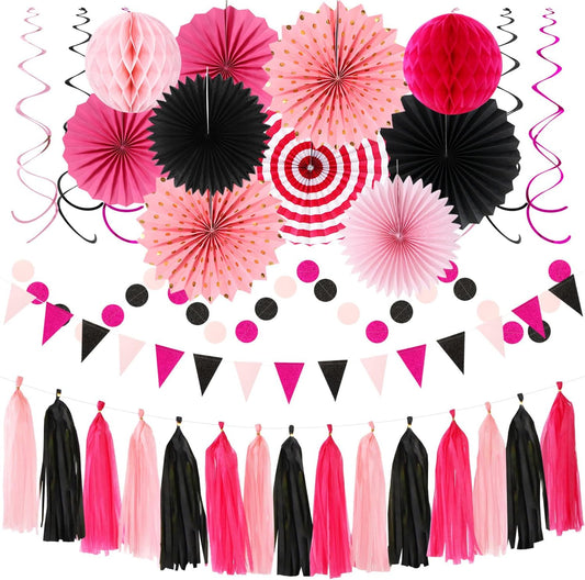 Hot-Pink Black Party-Decorations - 33pcs Baby Girl Women Birthday Banner,Streamers Tassel Garland,Birthday Tissue Pom Poms Honeycomb,Paper Lantern Fans,Wedding Bachelorette Graduation Decor Hugtmr