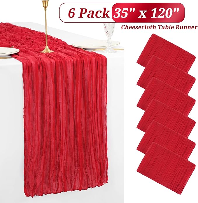 6 Pack Christmas Table Runner 10FT Red Cheesecloth Table Runner 35 x 120 Inch Long Semi-Sheer Gauze Fabric Boho or Rustic Wedding Table Decor for Bridal Shower Baby Shower Holiday Party