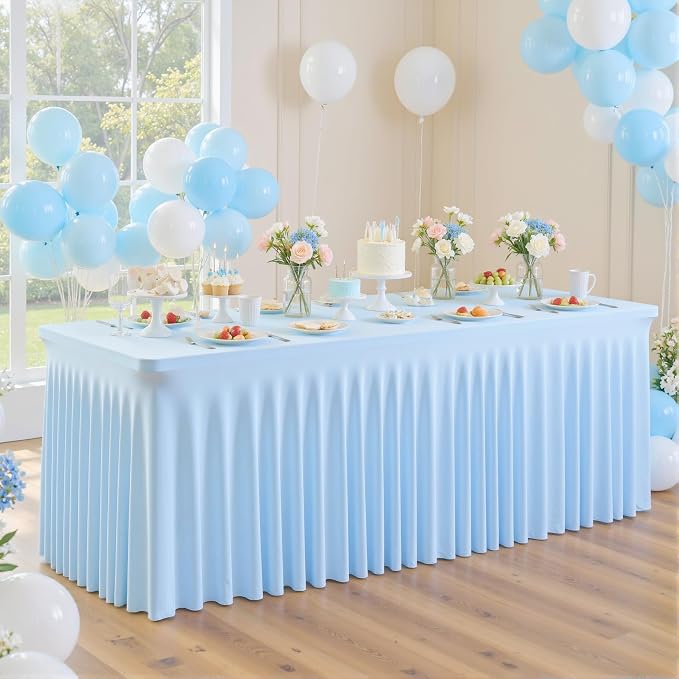 gogoparti 4 Pack Spandex Baby Blue Fitted Table Cloth for 6ft Rectangle Tables Light Blue Stretch Tablecloth Banquet Table Covers Wrinkle Free Tablecloths for Parties Wedding