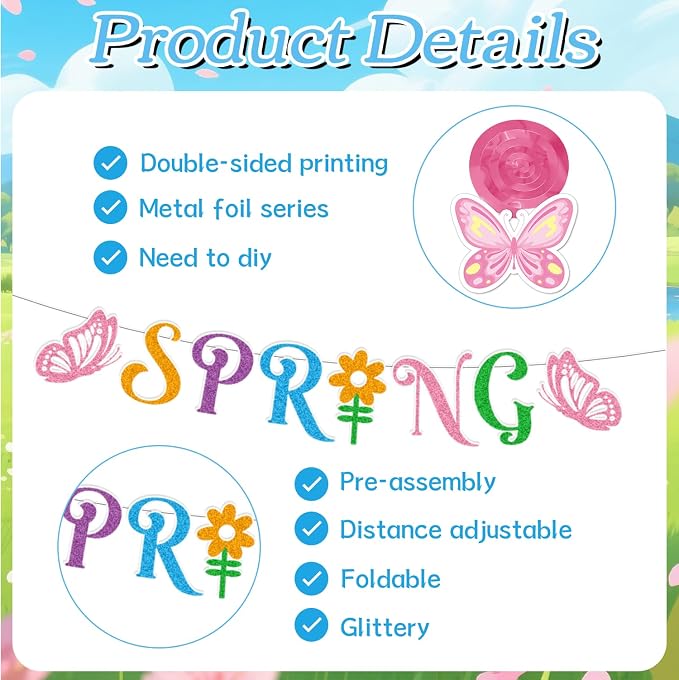Rakuto Hello Spring Party Decorations, Hello Spring Banners Hanging Swirls Paper Pom Poms and Paper Tassels, Colorful Butterflies Flowers Party Decor