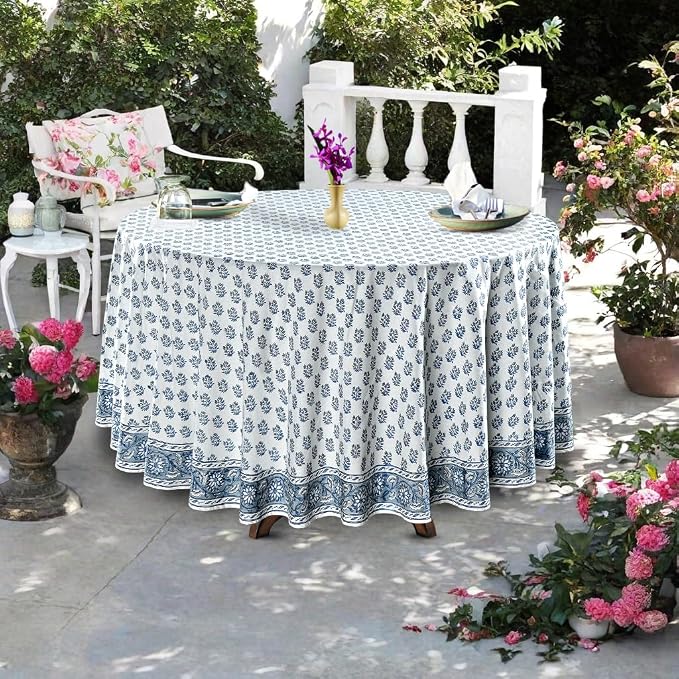 Ridhi Round Tablecloth Hand Block Print 100% Cotton Reusable Sky Beau Blue 120 Inch Table Cover Decorative Everyday Use for Dining, Home, Party, Wedding, Farmhouse, Party Gift for Spring, Mother's Day