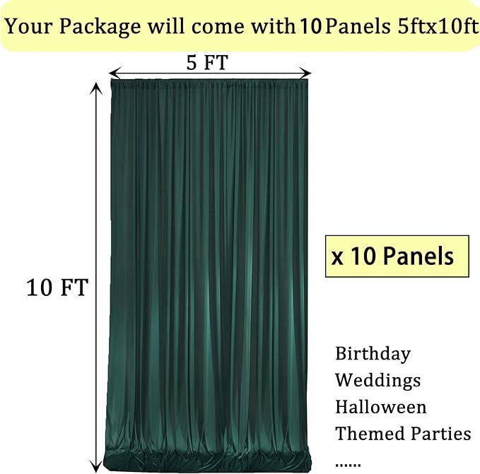 50ftx10ft Wrinkle Free Hunter Green Backdrop Curtains for Parties, Polyester Green Photo Backdrop Drapes 10 Panels 5x10ft for Wedding Birthday Baby Shower Photography Background