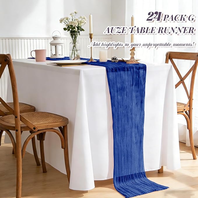 24 Pack Royal Blue Table Runner, Cheesecloth Table Runner Long Romantic Semi Sheer Rustic Boho Gauze Table Runners for Wedding Bridal Shower Birthday Party Decorations(17.7×108 Inch)