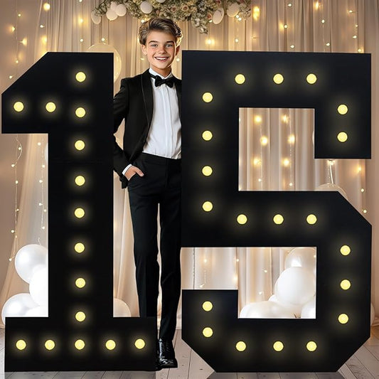 4FT Marquee Light Up Numbers, Black Giant Marquee Number Big Mosaic Number for 15th Birthday Party Decorations Boys Backdrop 15 Anniversary Decor, Pre-Cut Frame Large Number 15