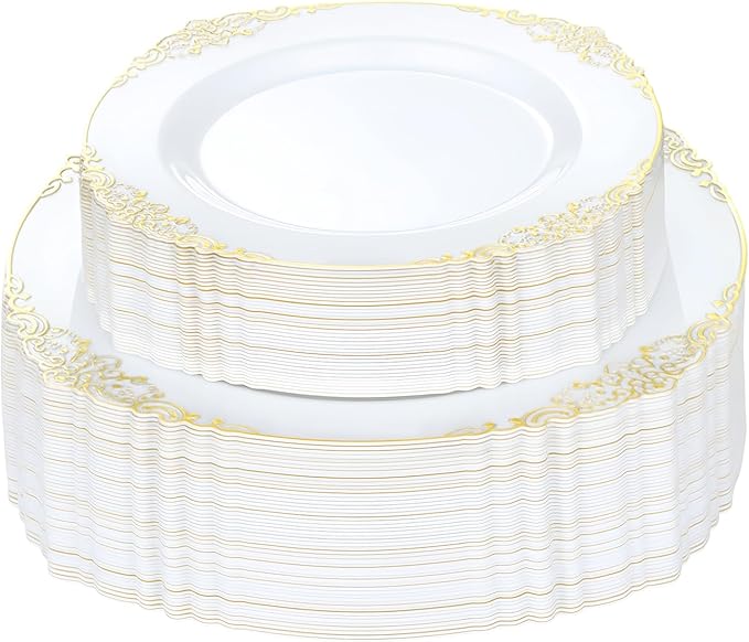 Bestluck 100 PCS White and Gold Plastic Plates for 50 Guests, Gold Disposable Plates Include 50 PCS Dinner Plates, 50 PCS Dessert Plates for Party, Wedding and Graduation