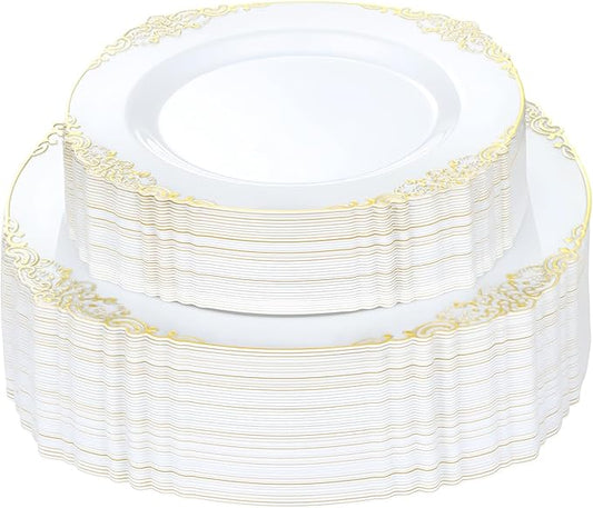 Bestluck 100 PCS White and Gold Plastic Plates for 50 Guests, Gold Disposable Plates Include 50 PCS Dinner Plates, 50 PCS Dessert Plates for Party, Wedding and Graduation