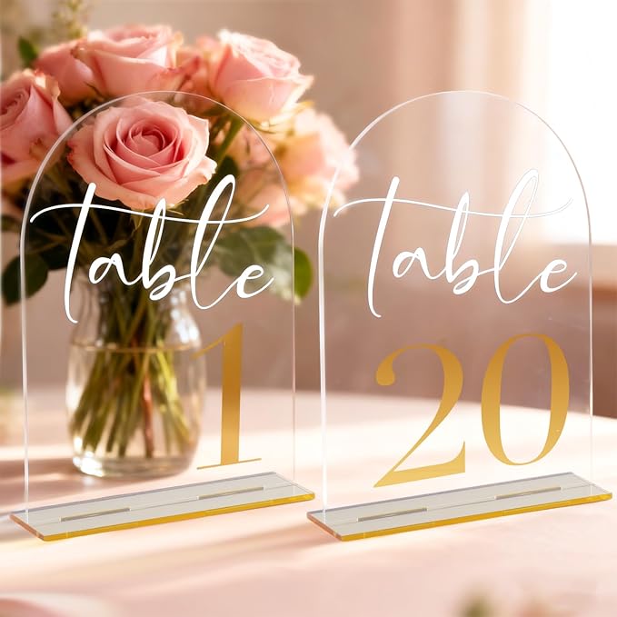 Arch Acrylic Wedding Table Numbers with Gold Font & Stands - 5''x7'' Clear Acrylic Table Number Signs for Wedding Reception, Anniversary, Event & Party Decor (Set 1-20)