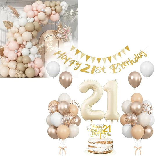 Pink Beige Garland with 21st Birthday Decorations, Sand White Boho Balloons Arch Kit, Number 21 Foil Balloon, Beige Gold Happy Birthday Banner and Cake Topper for Girls Boys Boho Party Supplies