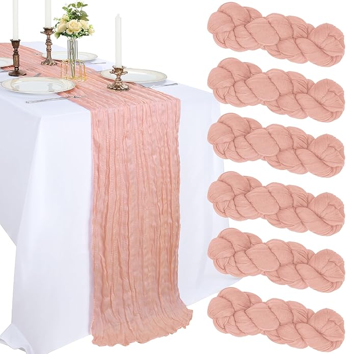 6 Pack 10FT Blush Pink Cheesecloth Table Runner 120 Inch Long Gauze Rustic Boho Spring Cheese Cloth Table Runner Sheer Fabric Decorations for Holiday Party Wedding Banquet Bridal Baby Shower Décor