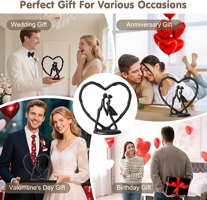 Anniversary Wedding Gift for Her Wife Husband Couple，Classic Black Metal Couple Figurine Heart Sculpture Love Statue，Romantic 1st to 60th Anniversary,Includes Present Box and Gift Card，Valentines Gift