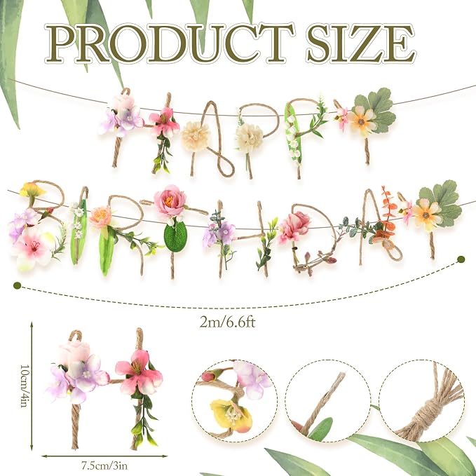 Norme 2 Pcs Wildflower Birthday Party Decorations Banner 13.2ft Metal 3D Flower Cottage Core Happy Birthday Garland Floral Handmade Garden Spring Tea Fairy Party Decorations for Women Girls