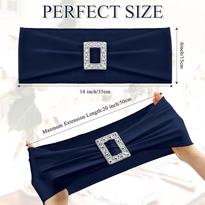 VitalCozy 100 Pcs Spandex Chair Sashes with Square Buckle Slider Stretch Chair Cover Band Universal Elastic Ties Straps Bows for Wedding Banquet Event Party Decoration(Navy Blue)