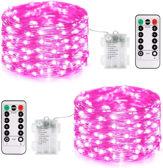 JMEXSUSS 2 Pack Pink Fairy Lights Battery Operated, Total 66ft 200 LED Twinkle String Lights with Remote, 8 Modes Valentine Lights for Bedroom Christmas Tree Anniversary Indoor Valentine's Day Decor