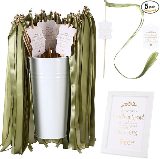 Baderke 103 Pcs Wedding Wands with Bells Set Includes 50 Sage Green Wedding Send Off Streamer 1 Galvanized Metal Bucket 50 Favor Tags 1 Photo Frame 1 Card for Anniversary Party Celebration Supplies